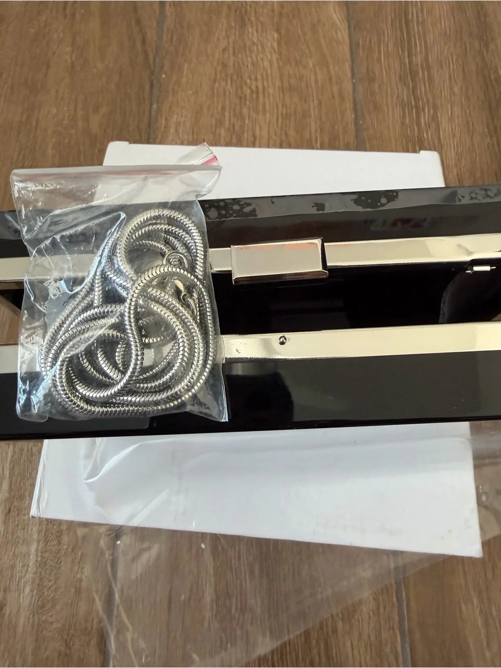 NWOT ASOS Black Acrylic Box Clutch with Silver Trim and chain strap